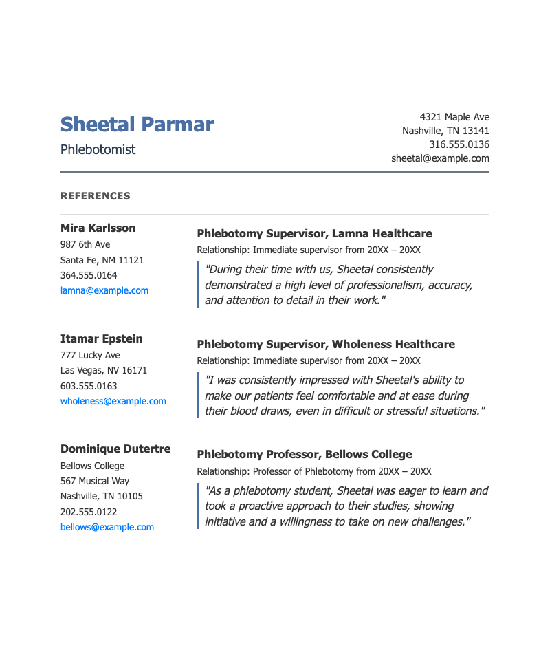 Resume references - Professional resume references list for healthcare professionals. Clean, printable layout featuring supervisor and educator testimonials.